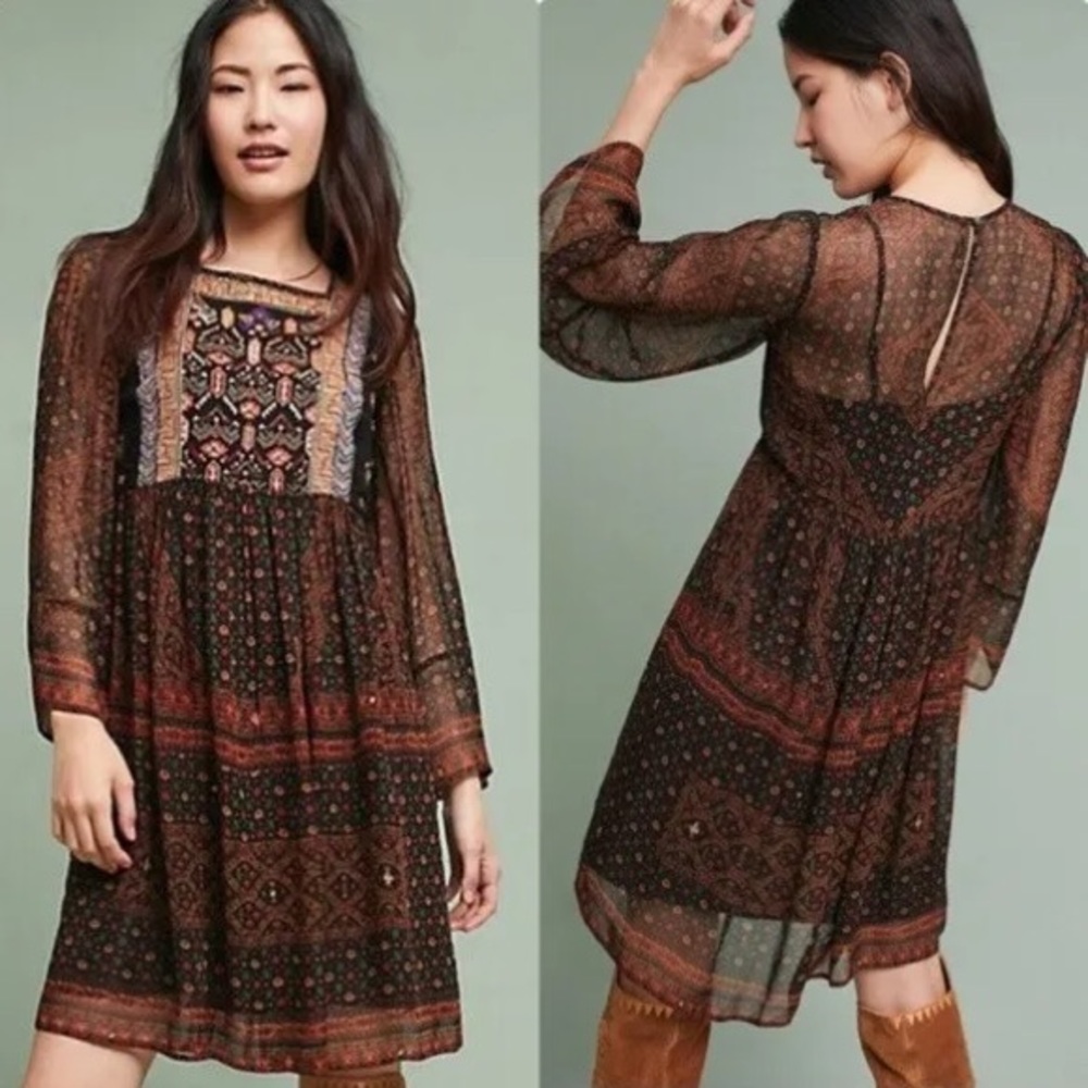ANTHROPOLOGIE Akemi + Kin Munro Embroidered Tunic Dress | Boho Bell Sleeve | M
